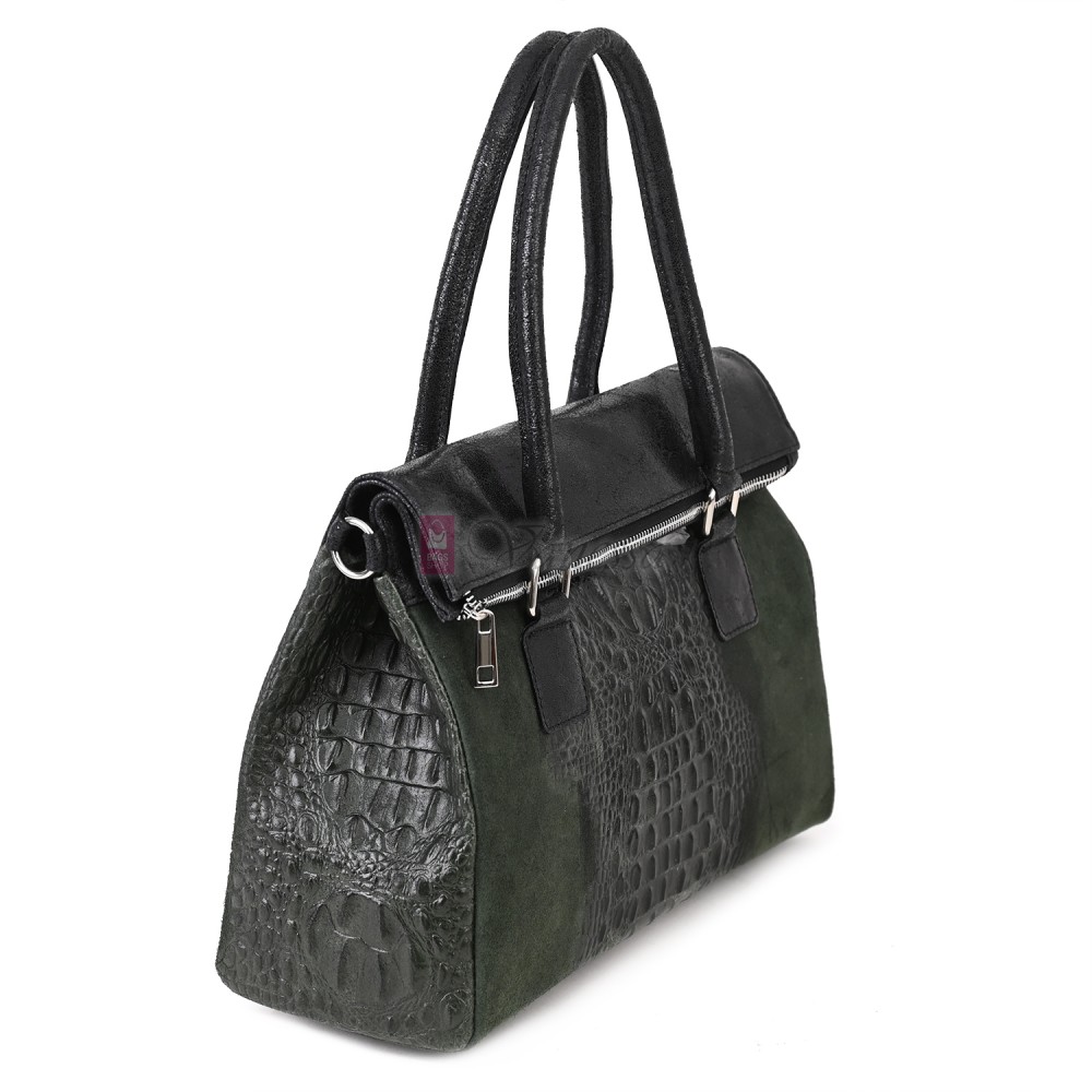 Елегантна дамска чанта, от естествена кожа, в тъмнозелен цвят. Код: KEK64