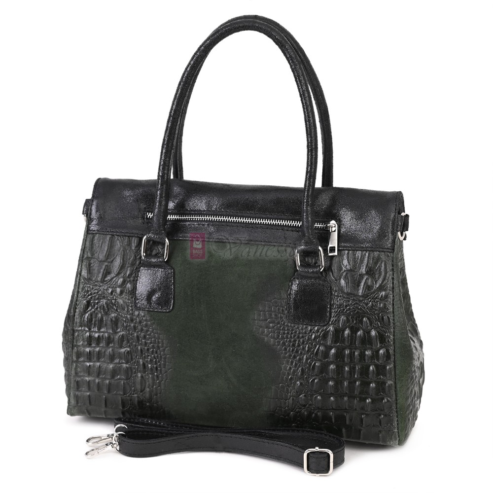 Елегантна дамска чанта, от естествена кожа, в тъмнозелен цвят. Код: KEK64