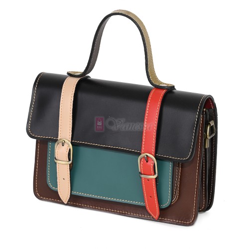  Дамска чанта от естествена кожа на парчета, в тъмни шарени цветове. Код: P009-1