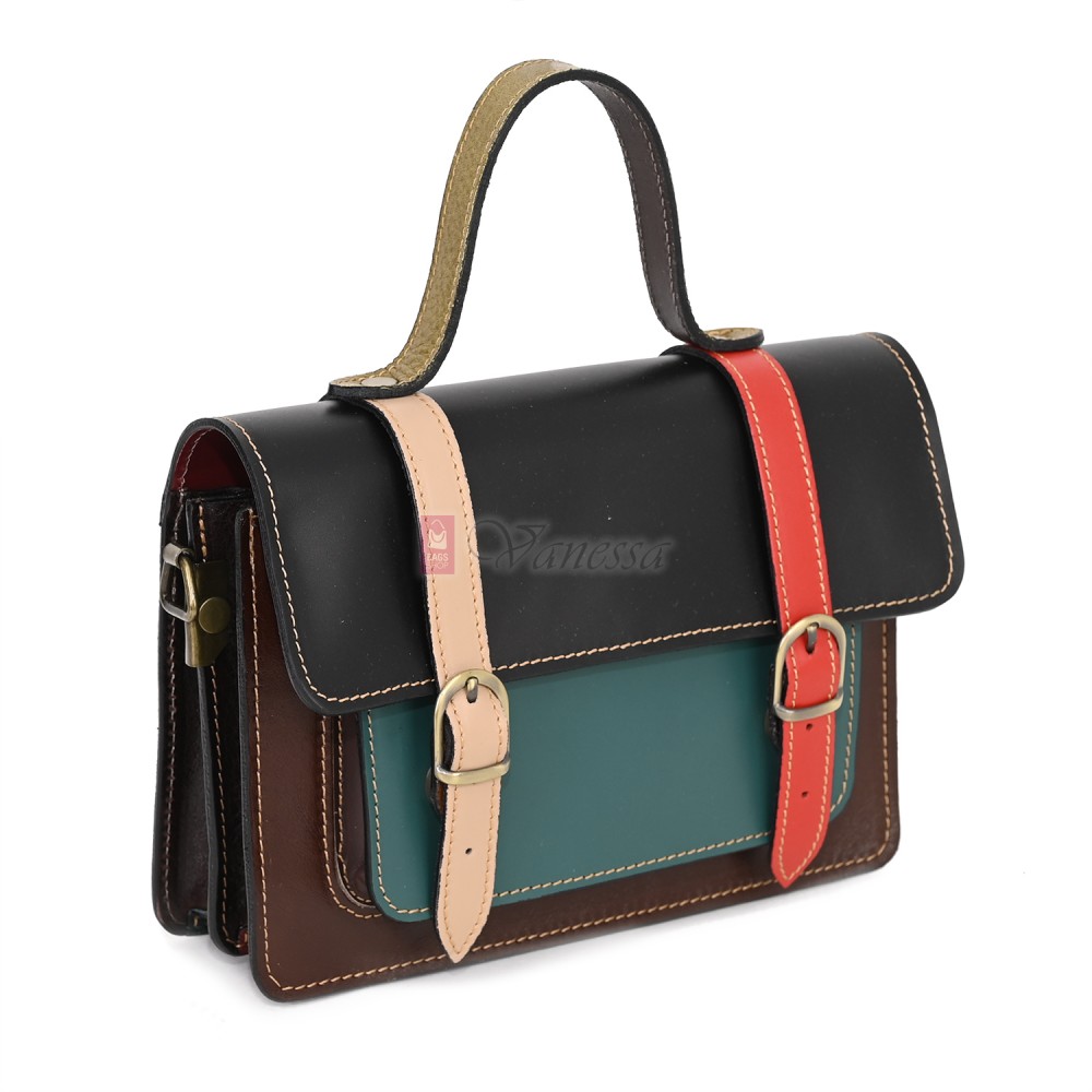  Дамска чанта от естествена кожа на парчета, в тъмни шарени цветове. Код: P009-1