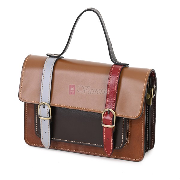  Дамска чанта от естествена кожа на парчета, в тъмни шарени цветове. Код: P009-2