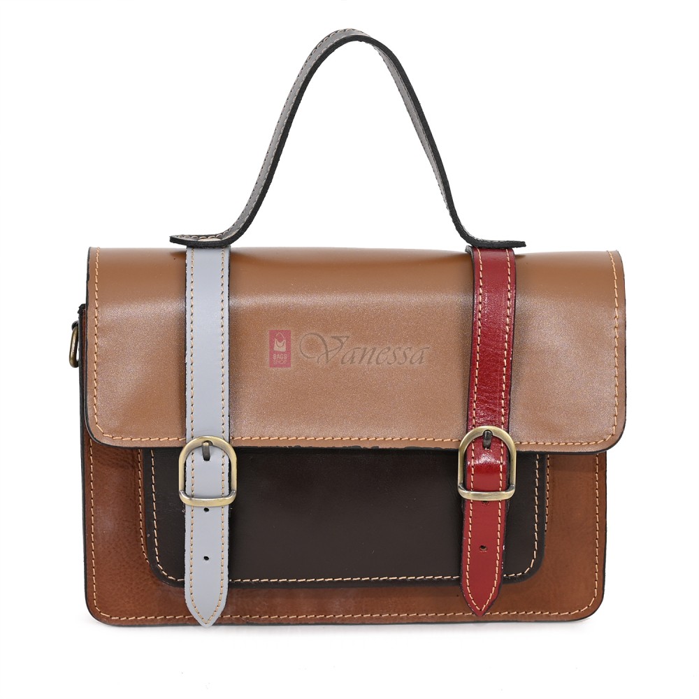  Дамска чанта от естествена кожа на парчета, в тъмни шарени цветове. Код: P009-2