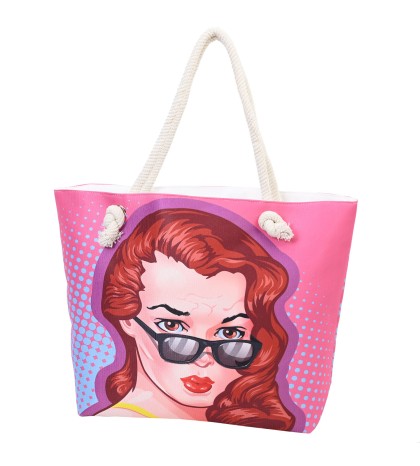 Двулицева плажна чанта от текстил в розов цвят Код: T07