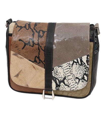 Дамска чанта от естествена кожа направена от парчета в шарени цветове със змийски мотиви. Код: P002