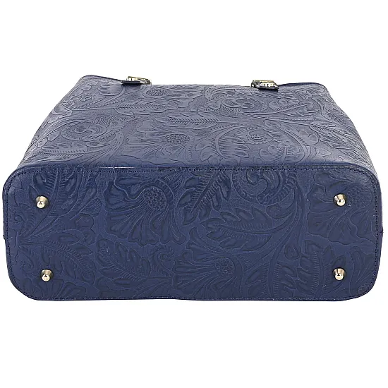 Голяма дамска чанта от естествена кожа в тъмносин цвят. Код: EK61D 
